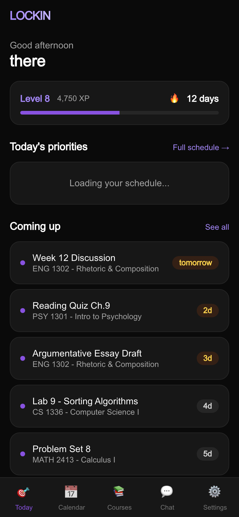 LOCKIN dashboard showing daily priorities, XP tracking, and smart scheduling