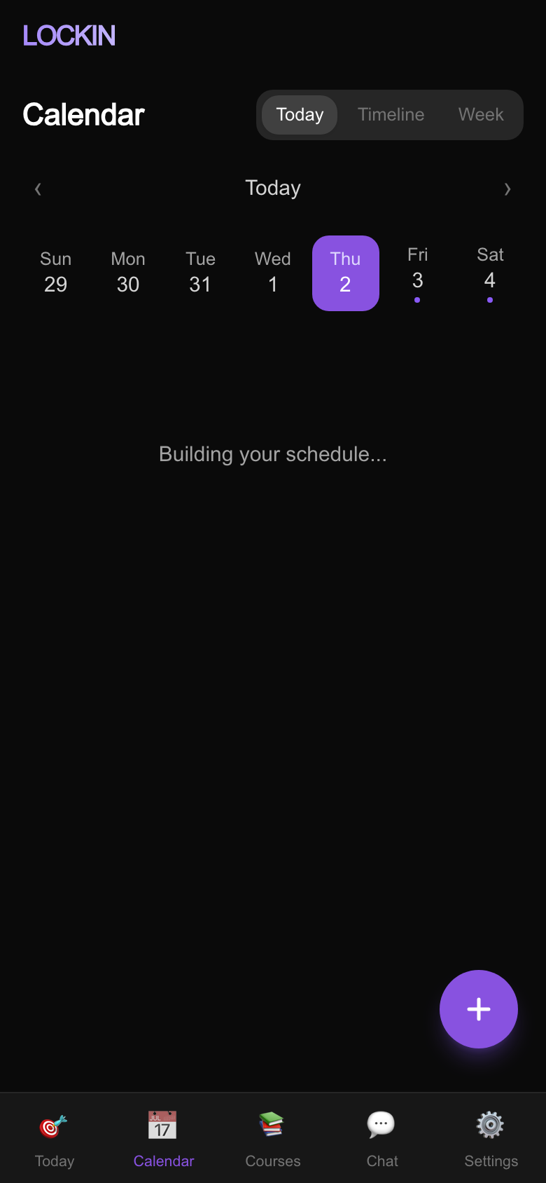LOCKIN calendar showing a full day of classes, study blocks, and practice automatically scheduled