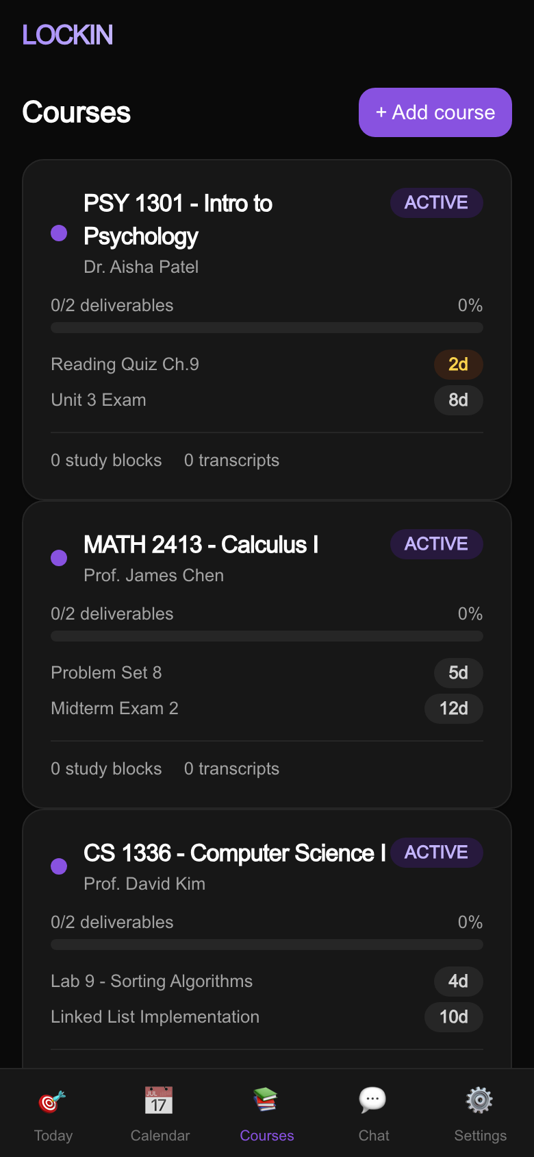 Course management view showing classes with deliverables, deadlines, and accommodation-aware scheduling