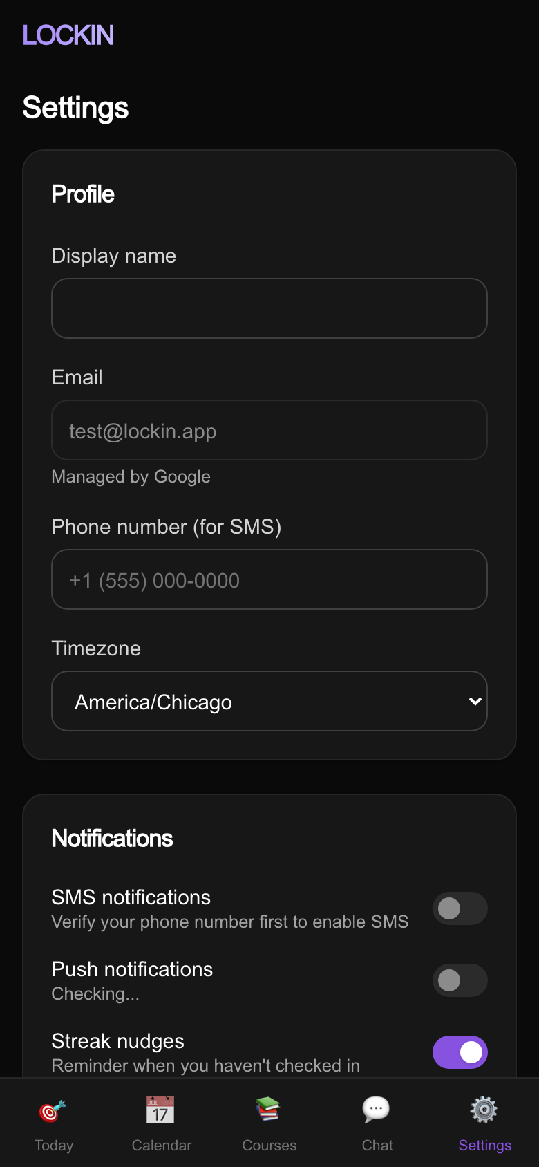 SMS check-in settings showing morning brief, midday recap, and evening notifications