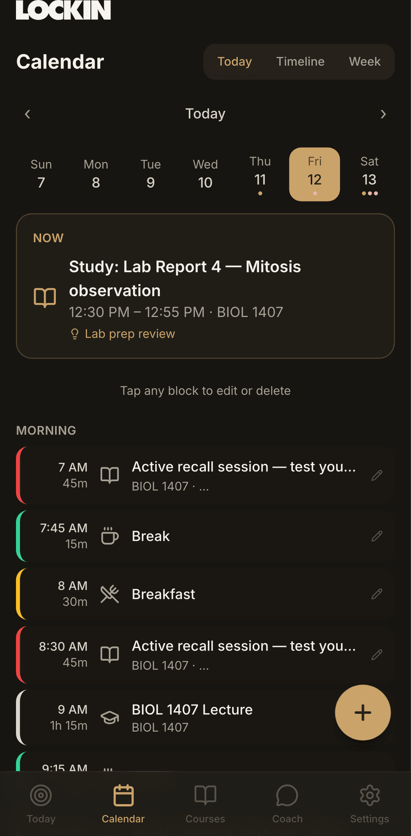 Smart scheduling calendar with auto-generated study blocks and classes