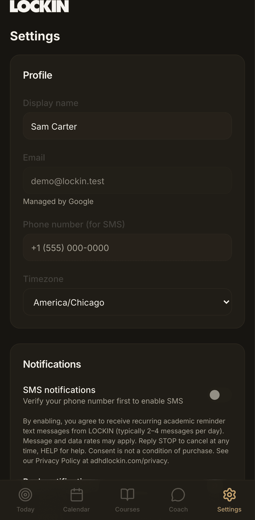 Mobile view showing SMS-delivered daily priorities and schedule